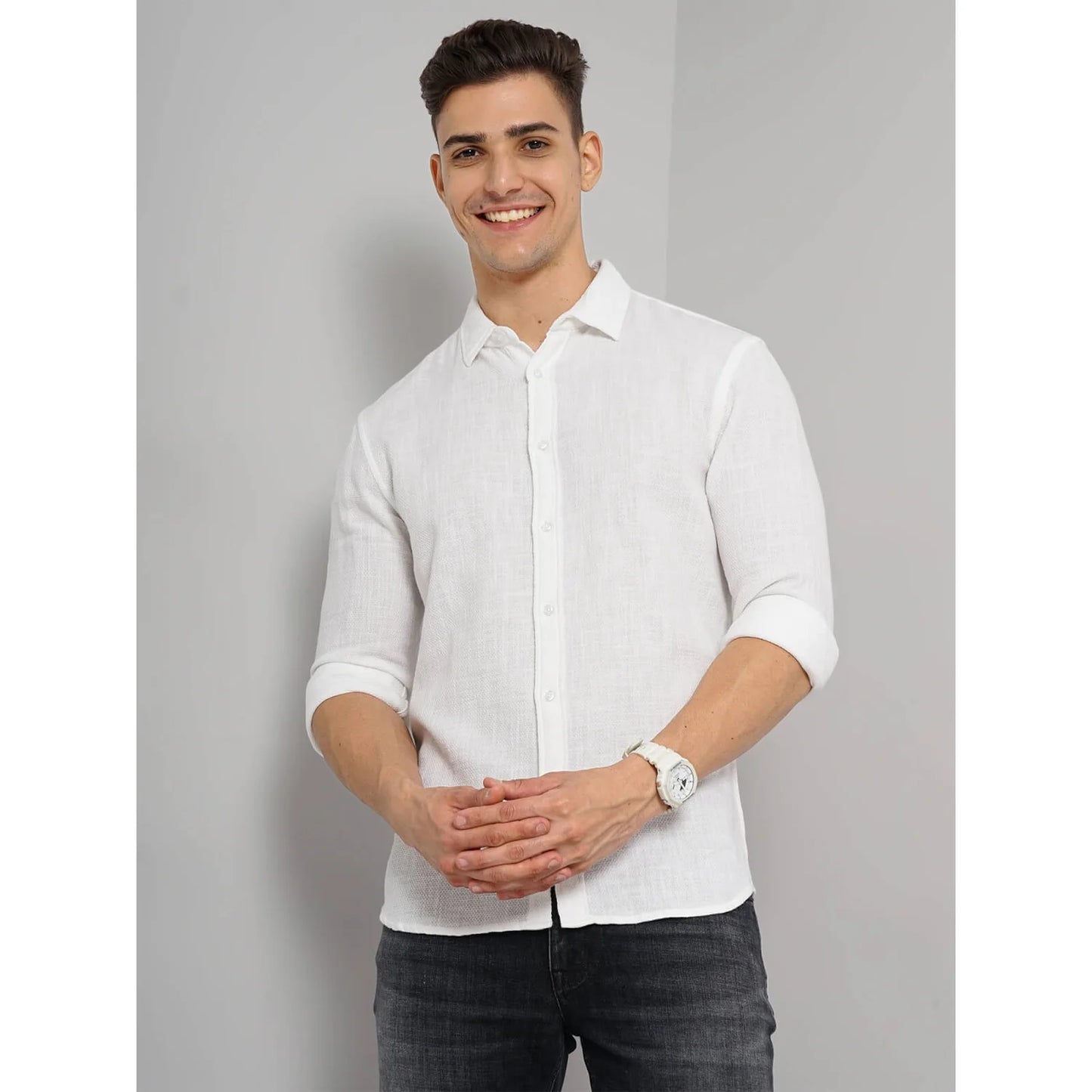 Cream Solid Cotton Shirt