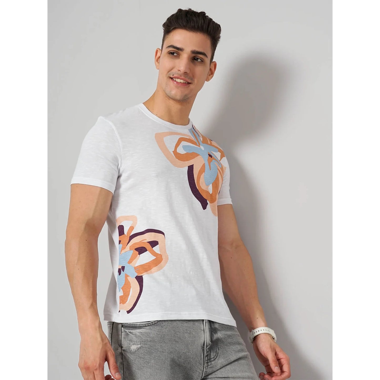 White Abstract Print Cotton T-shirt