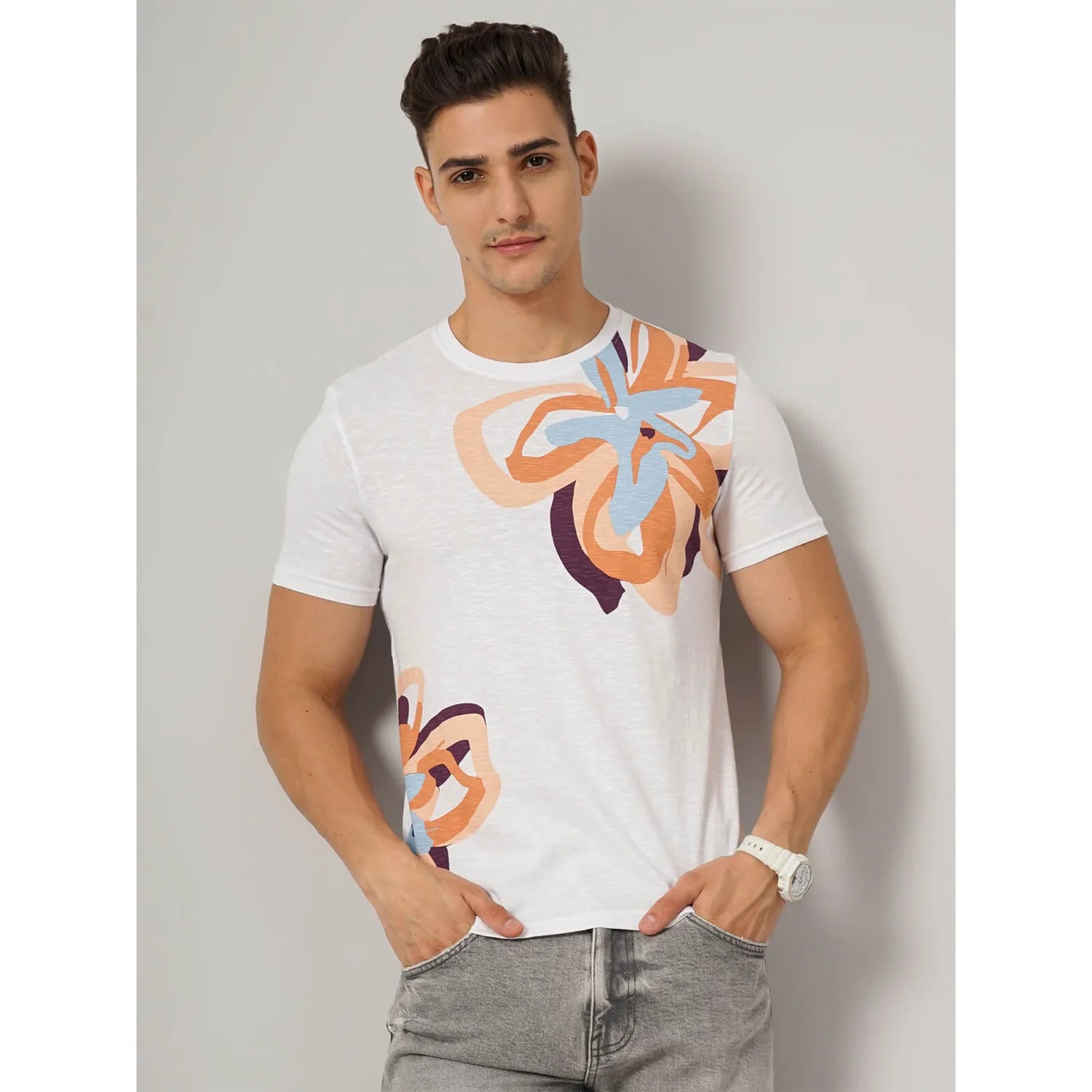 White Abstract Print Cotton T-shirt