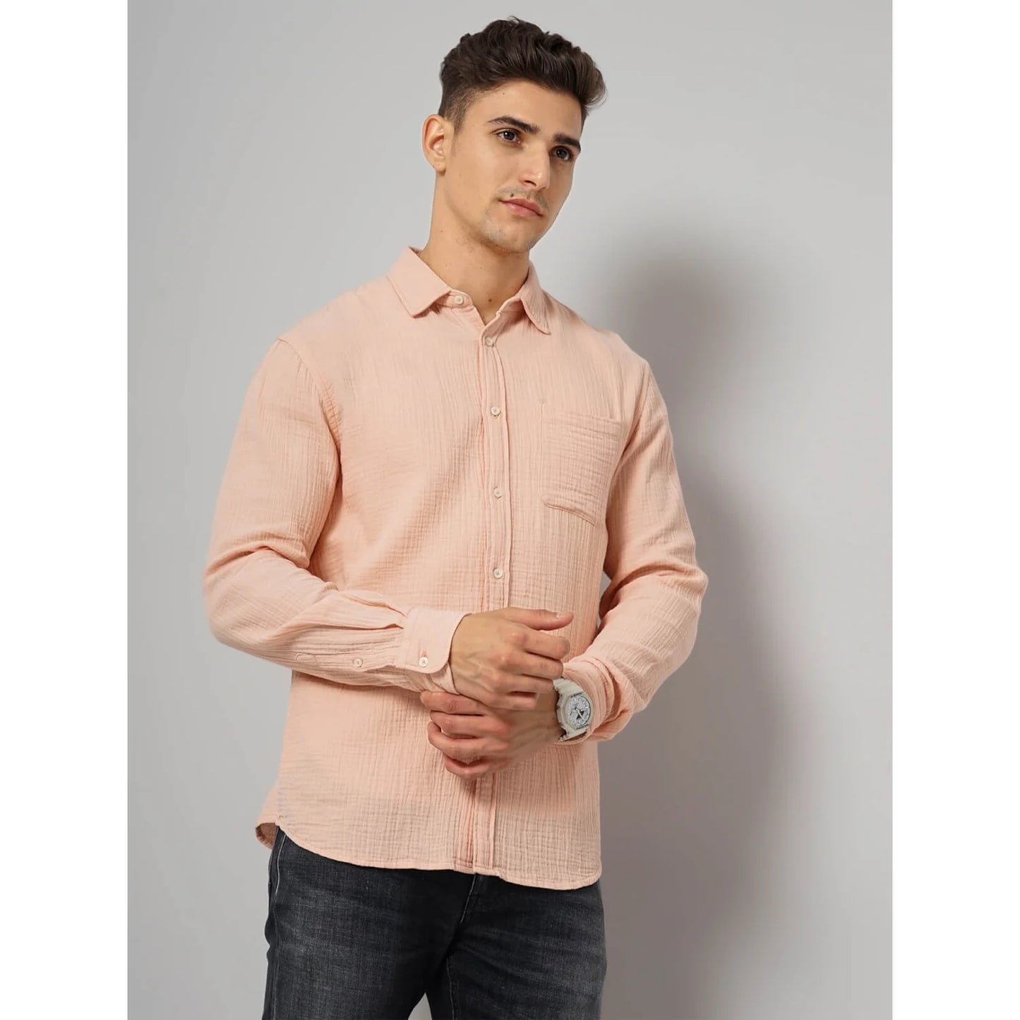 Cream Solid Cotton Shirt