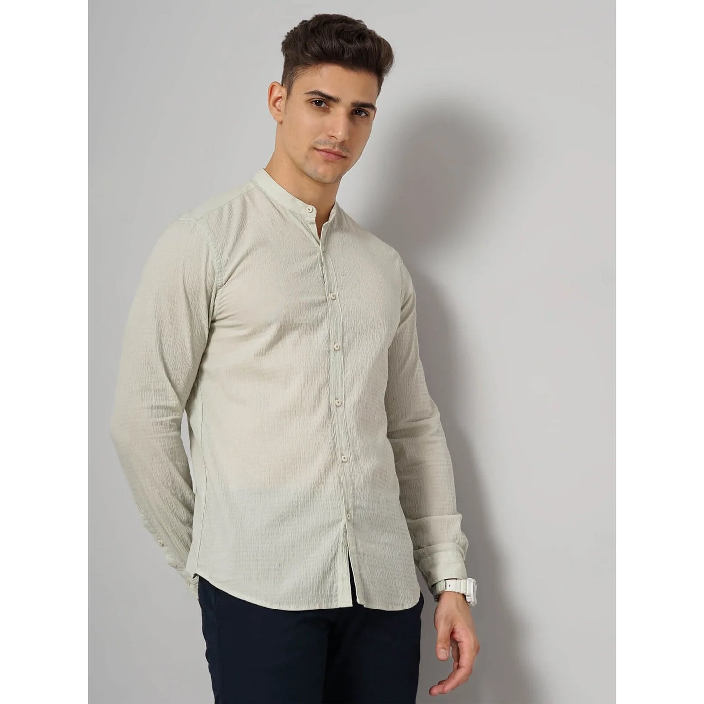 Cream Solid Cotton Blend Shirt