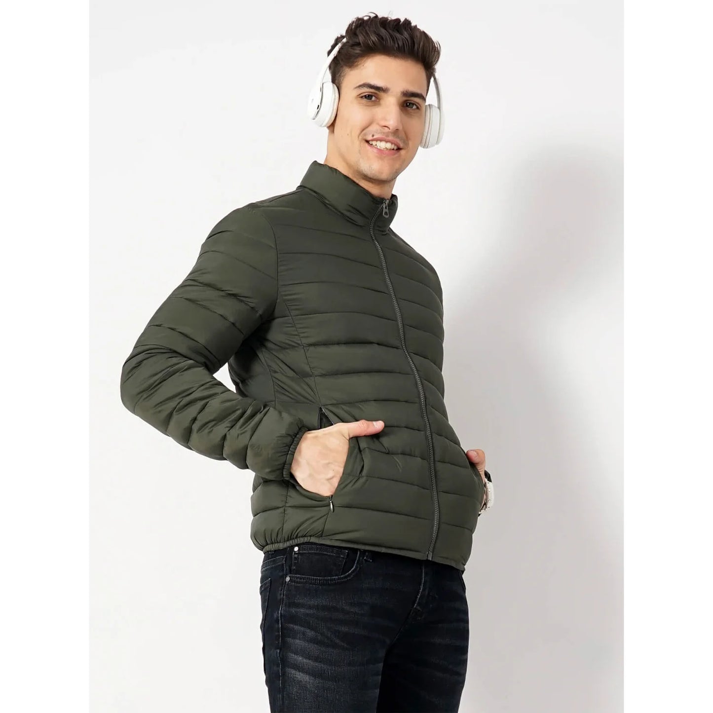 Olive Solid Polyamide Jacket