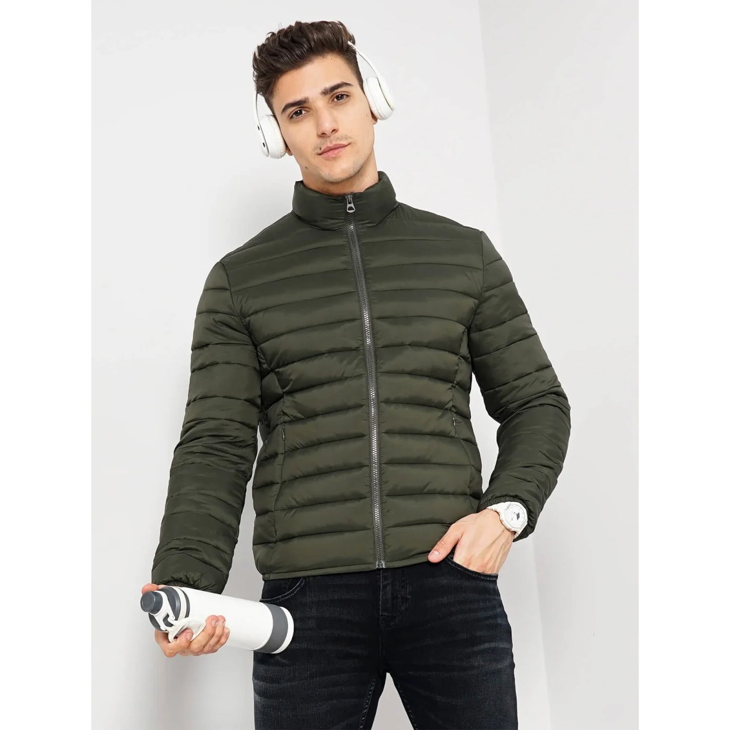 Olive Solid Polyamide Jacket