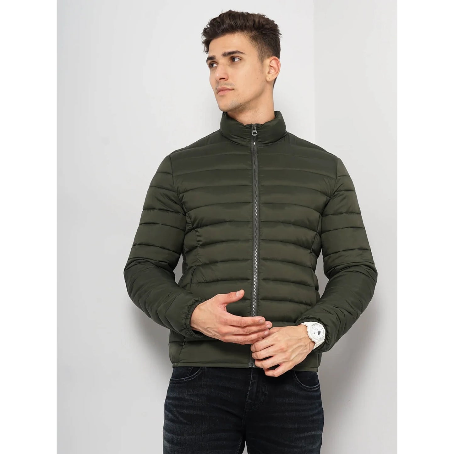 Olive Solid Polyamide Jacket