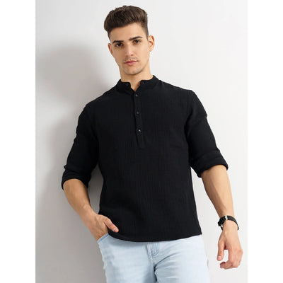 Celio* Solid Regular Fit Cotton Black Shirt