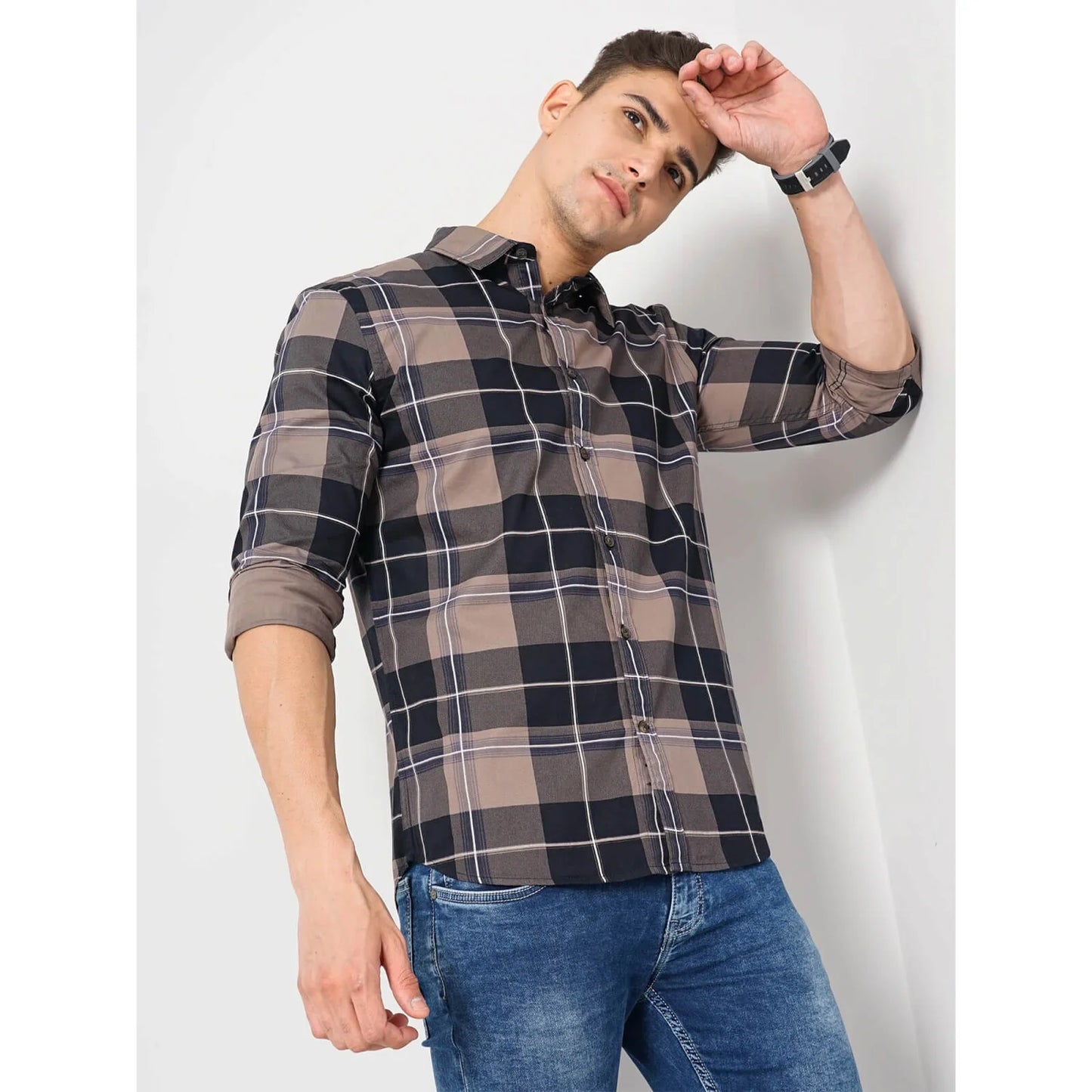 Cream Checks Cotton Blend Shirt