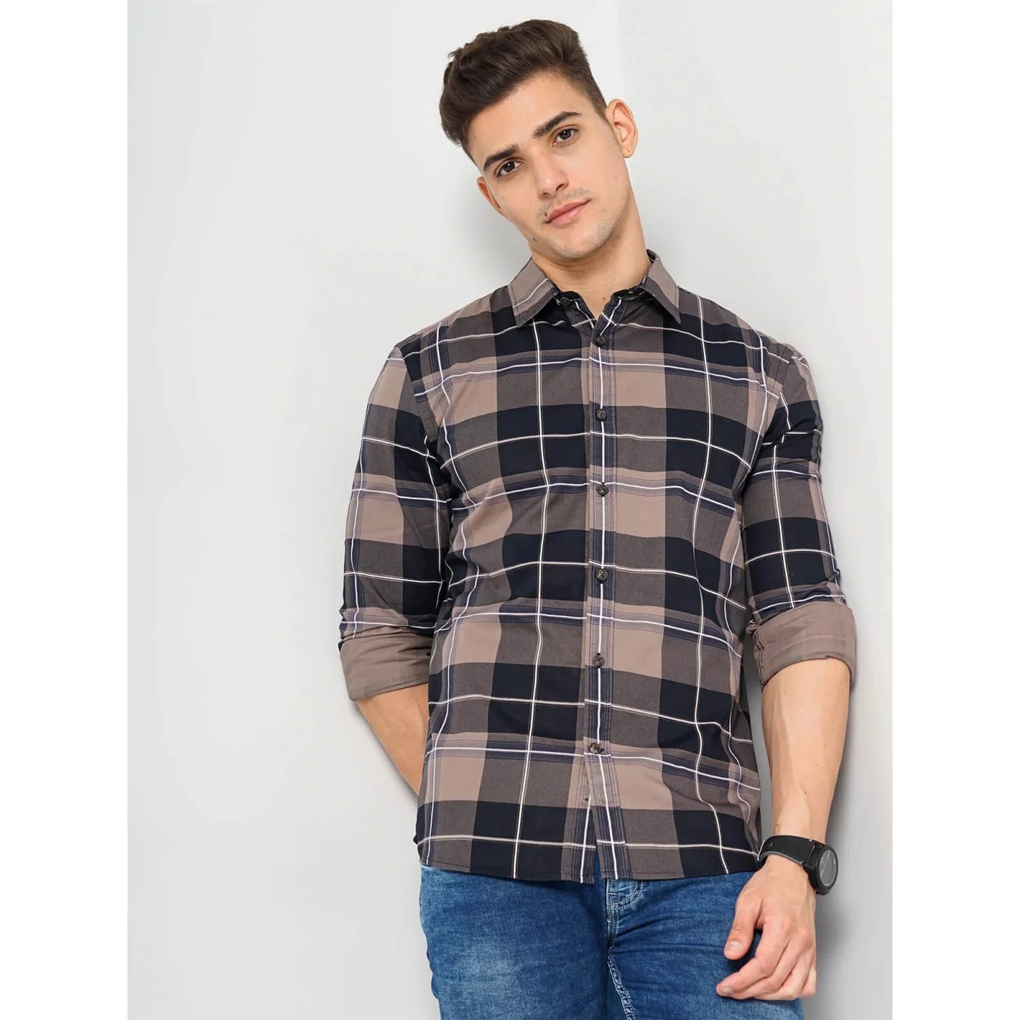 Cream Checks Cotton Blend Shirt