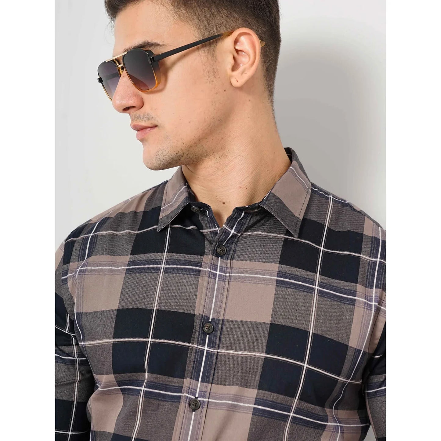 Cream Checks Cotton Blend Shirt