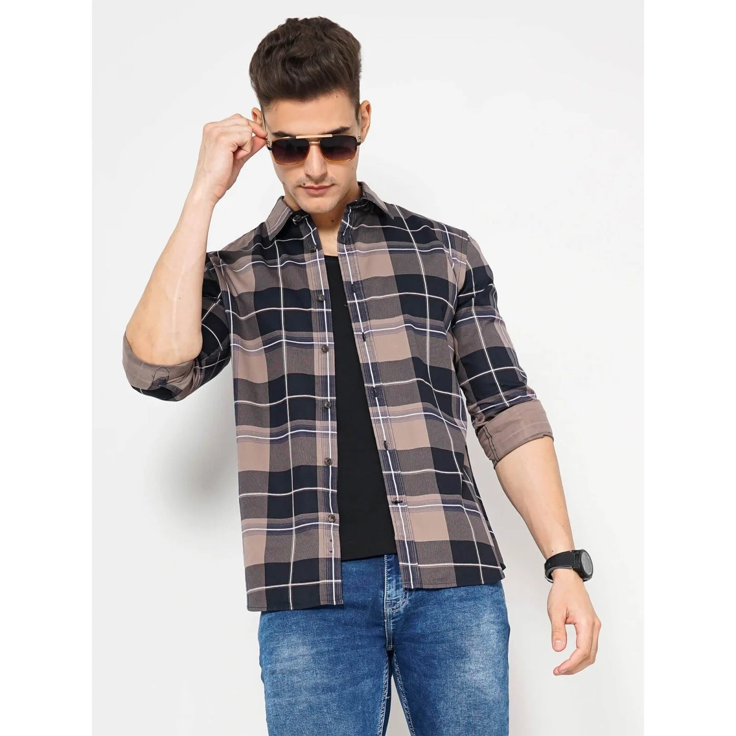 Cream Checks Cotton Blend Shirt