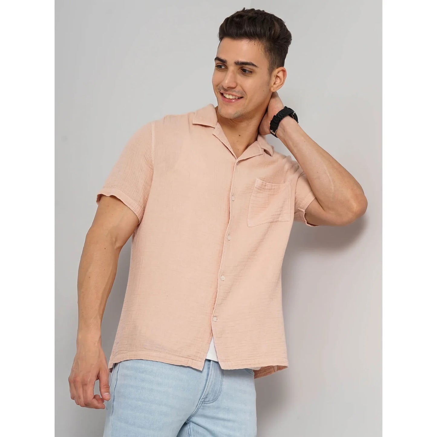 Cream Solid Cotton Shirt