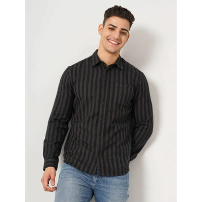 Celio* Striped Regular Fit Cotton Black Shirt