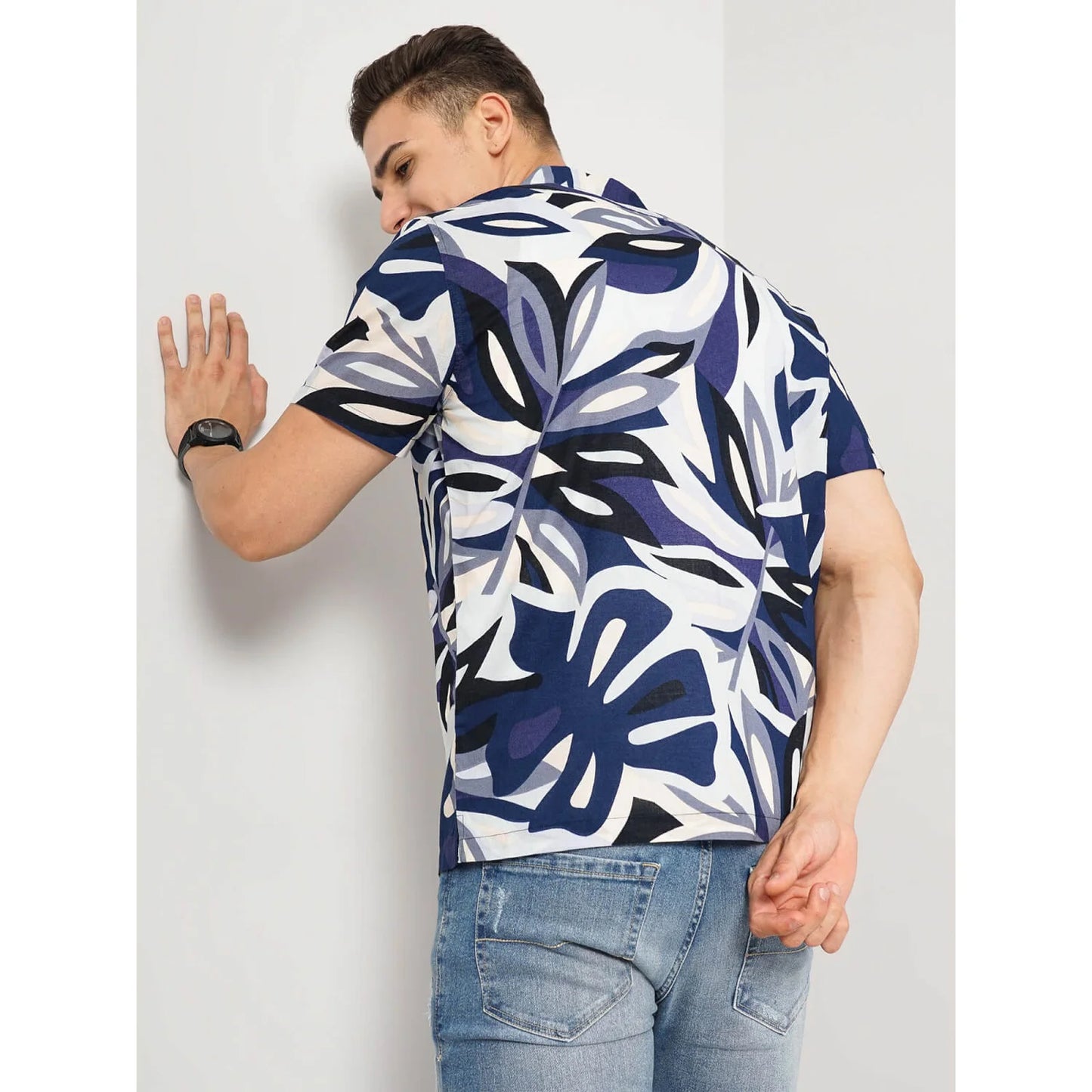 Navy Blue Abstract Print Cotton Shirt