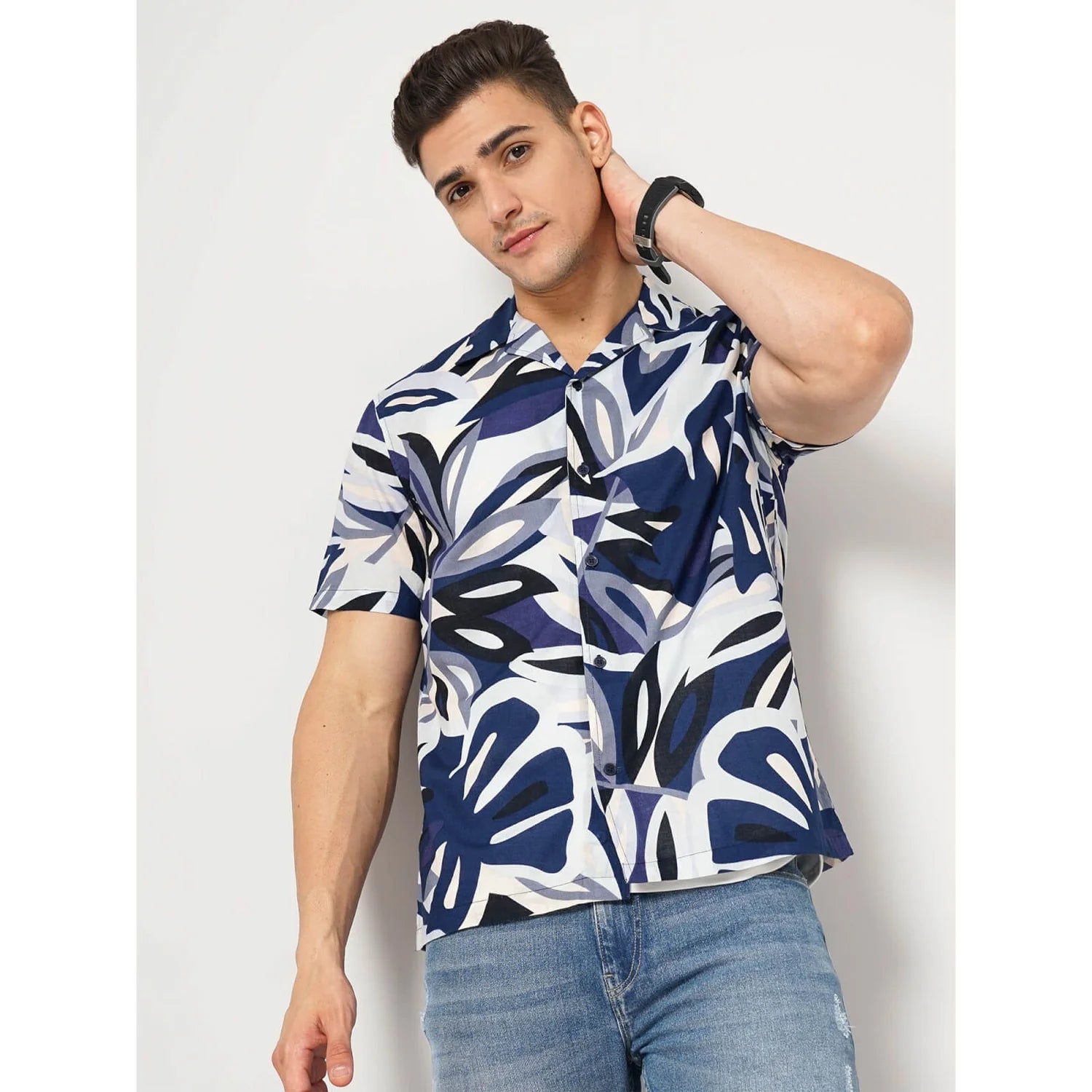 Navy Blue Abstract Print Cotton Shirt