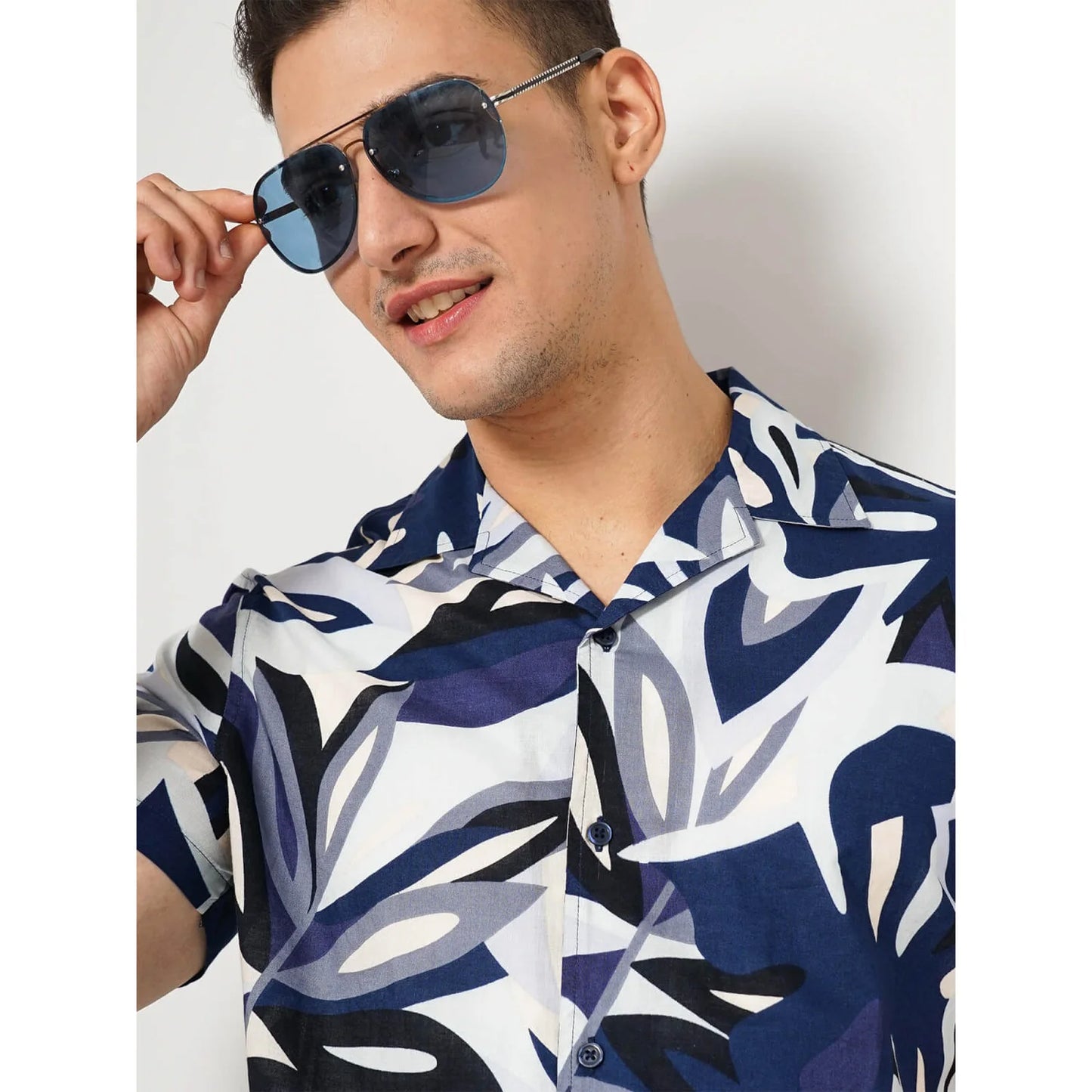 Navy Blue Abstract Print Cotton Shirt