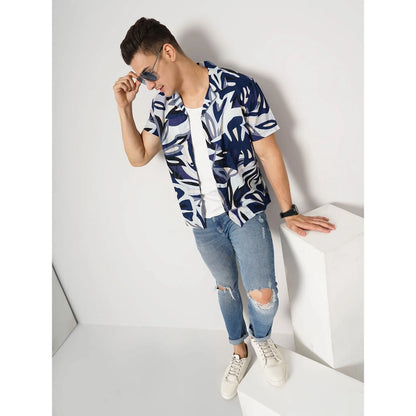 Navy Blue Abstract Print Cotton Shirt