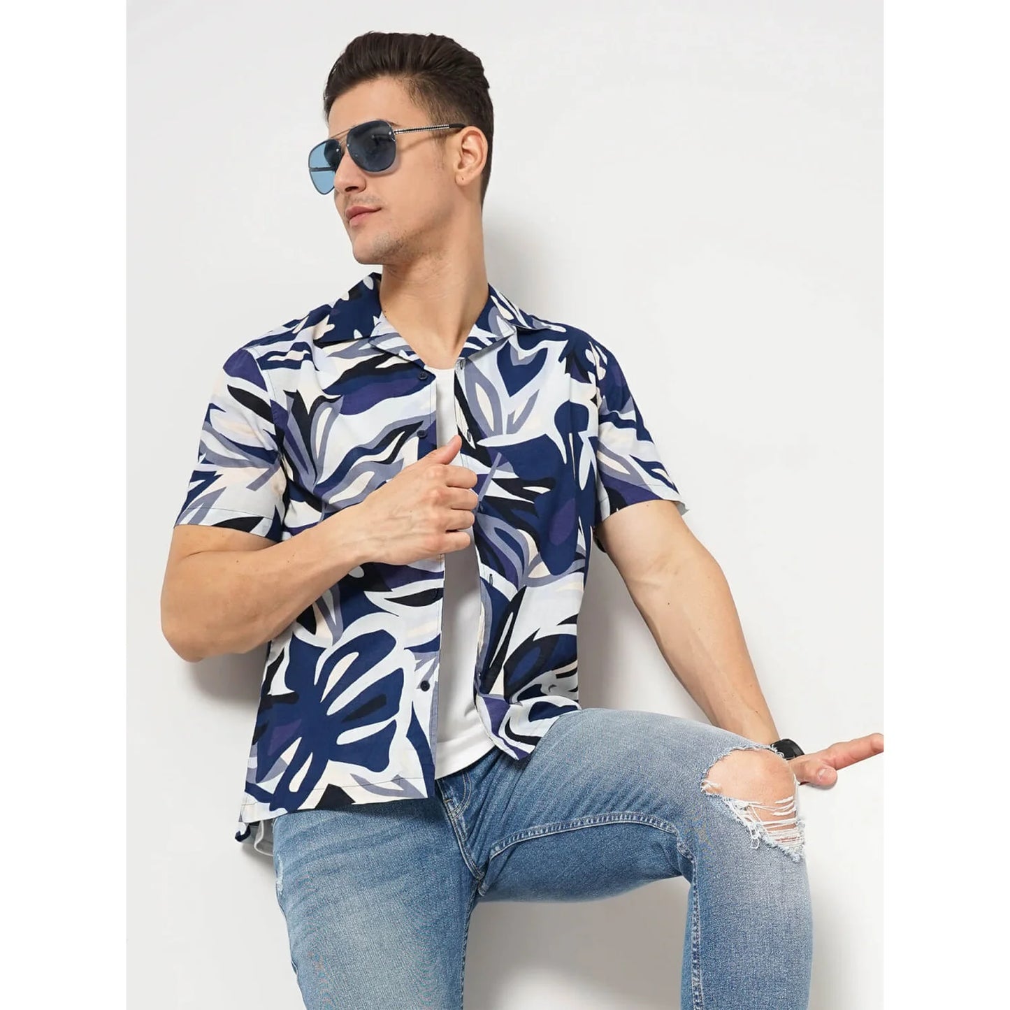 Navy Blue Abstract Print Cotton Shirt