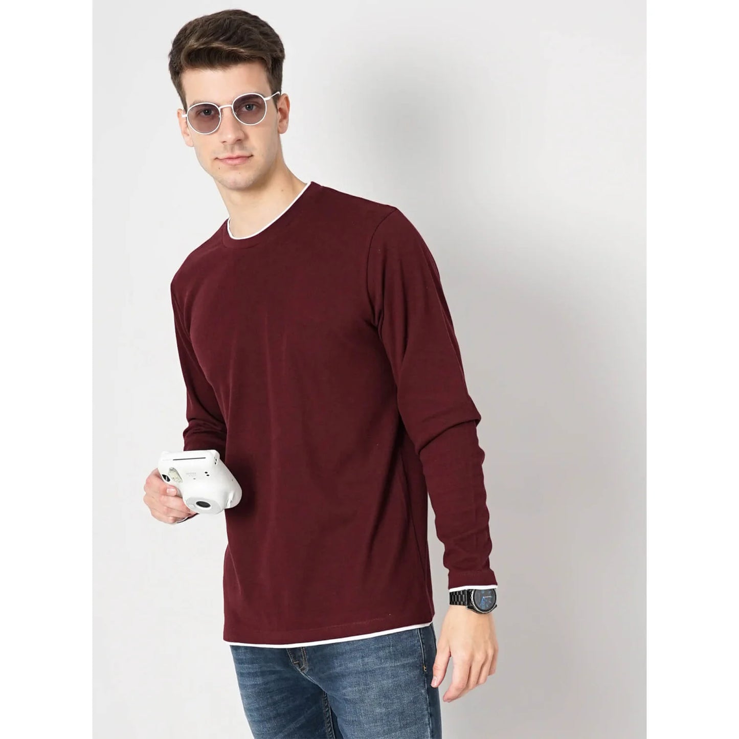 Cream Solid Cotton T-shirt