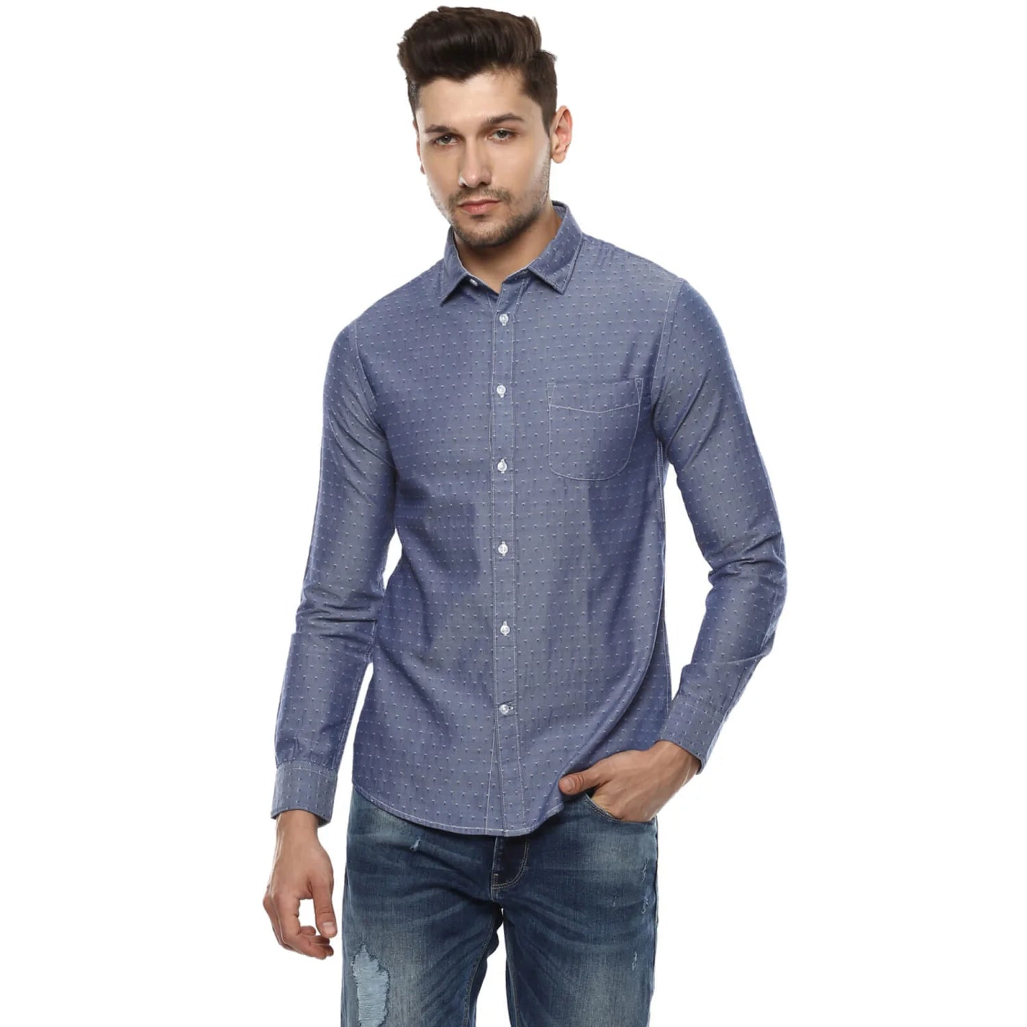 Blue Micro-Print Cotton Shirt