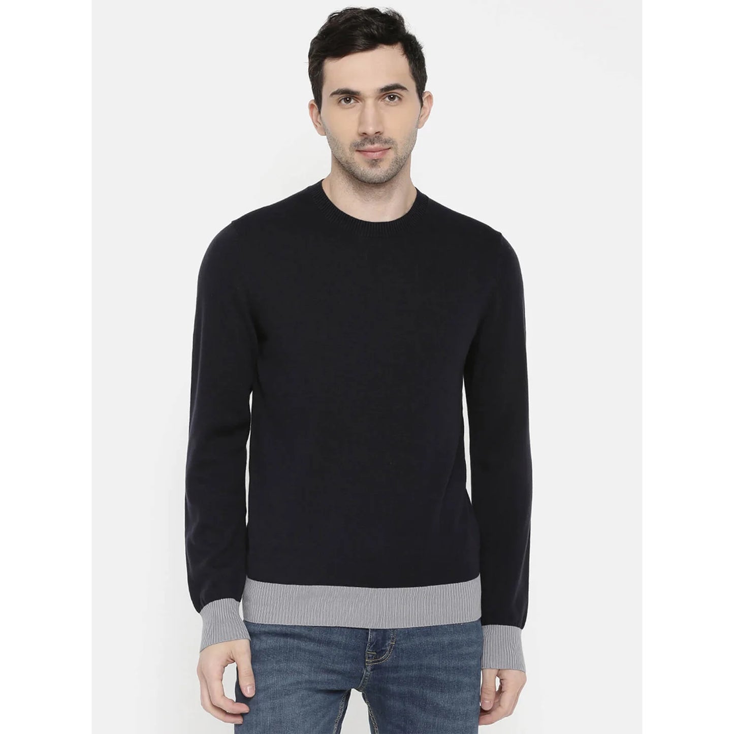 Blue Solid Cotton Sweater