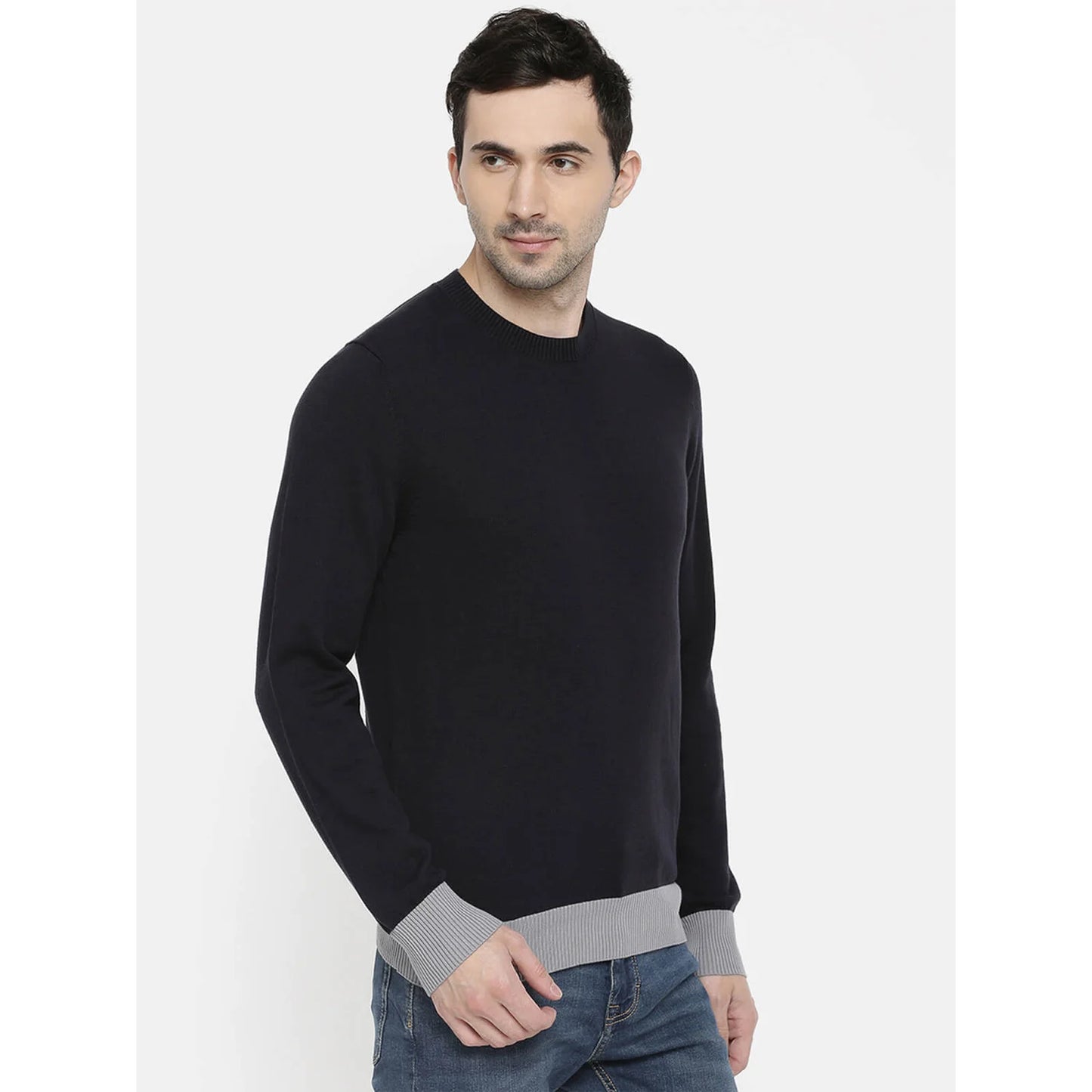 Blue Solid Cotton Sweater