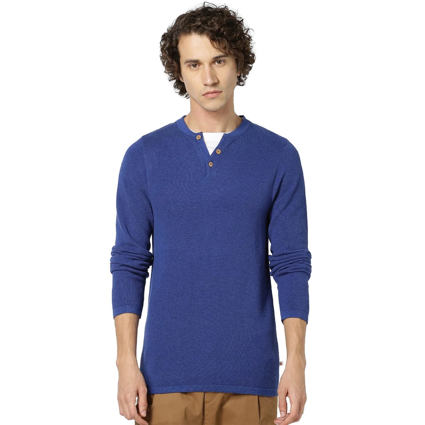 Blue Solid Cotton Sweater