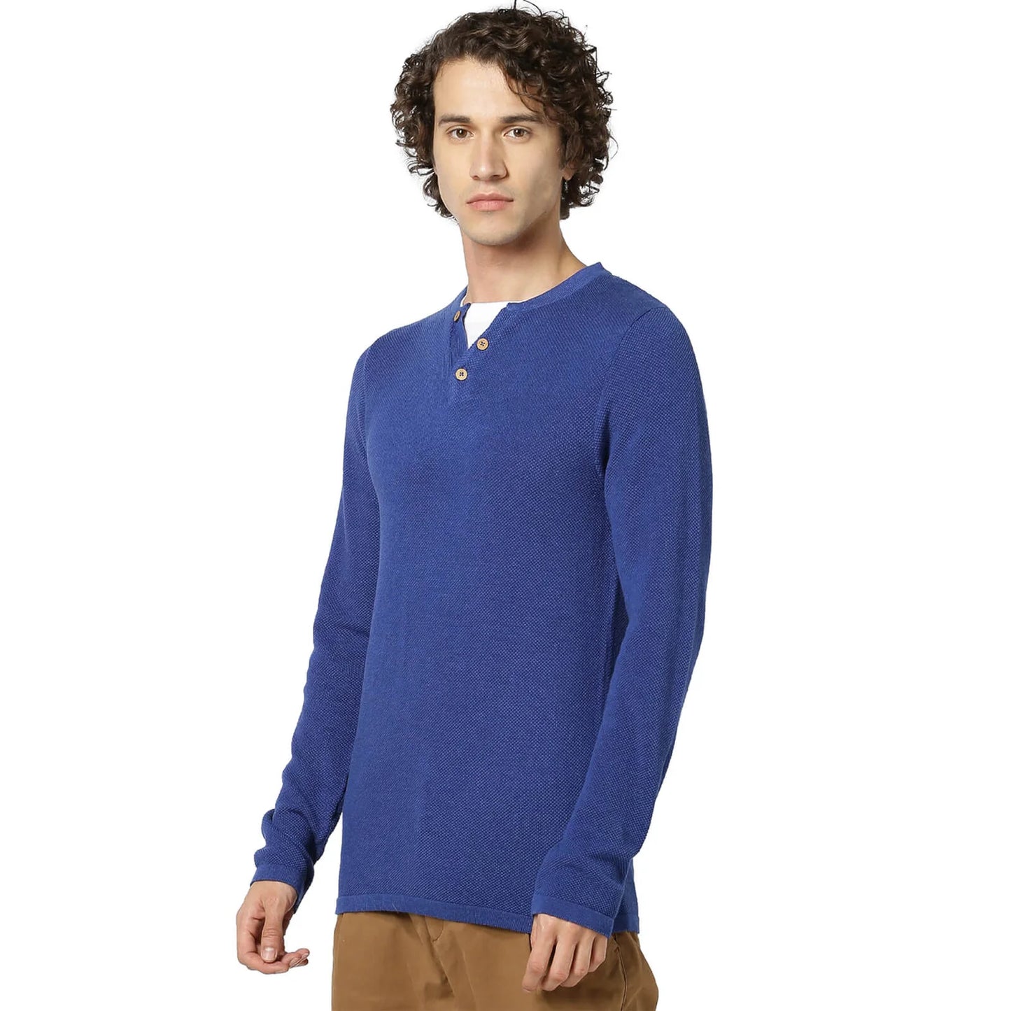 Blue Solid Cotton Sweater