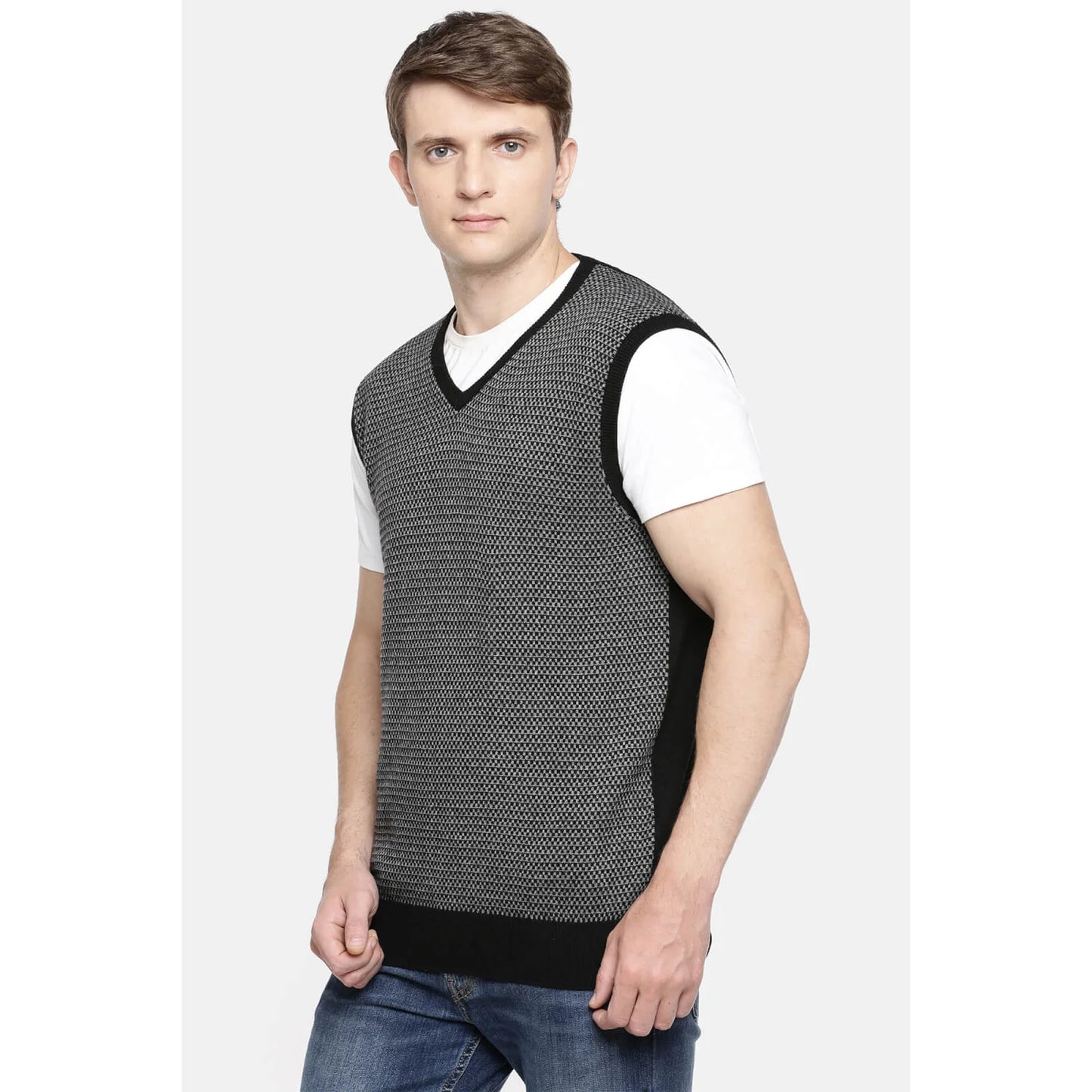 Black Micro-Print Cotton Blend Sweater