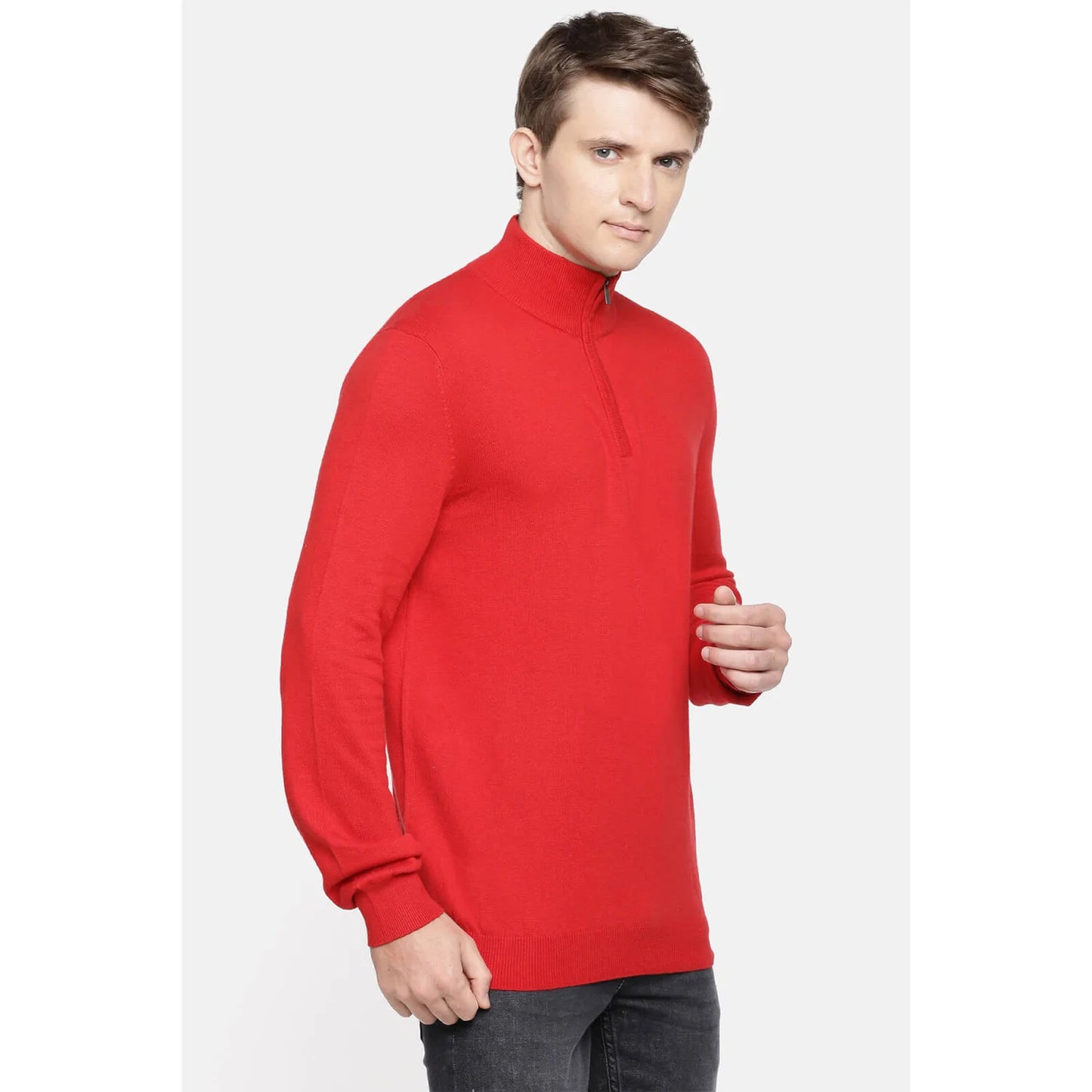 Red Solid Cotton Blend Sweater