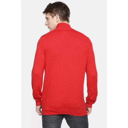 Red Solid Cotton Blend Sweater