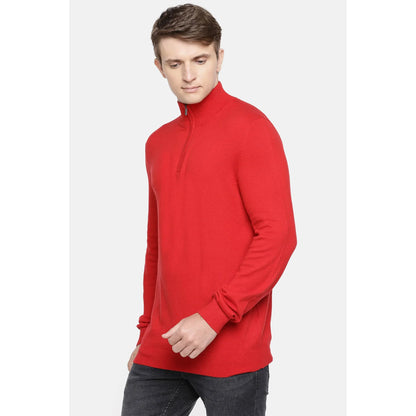 Red Solid Cotton Blend Sweater