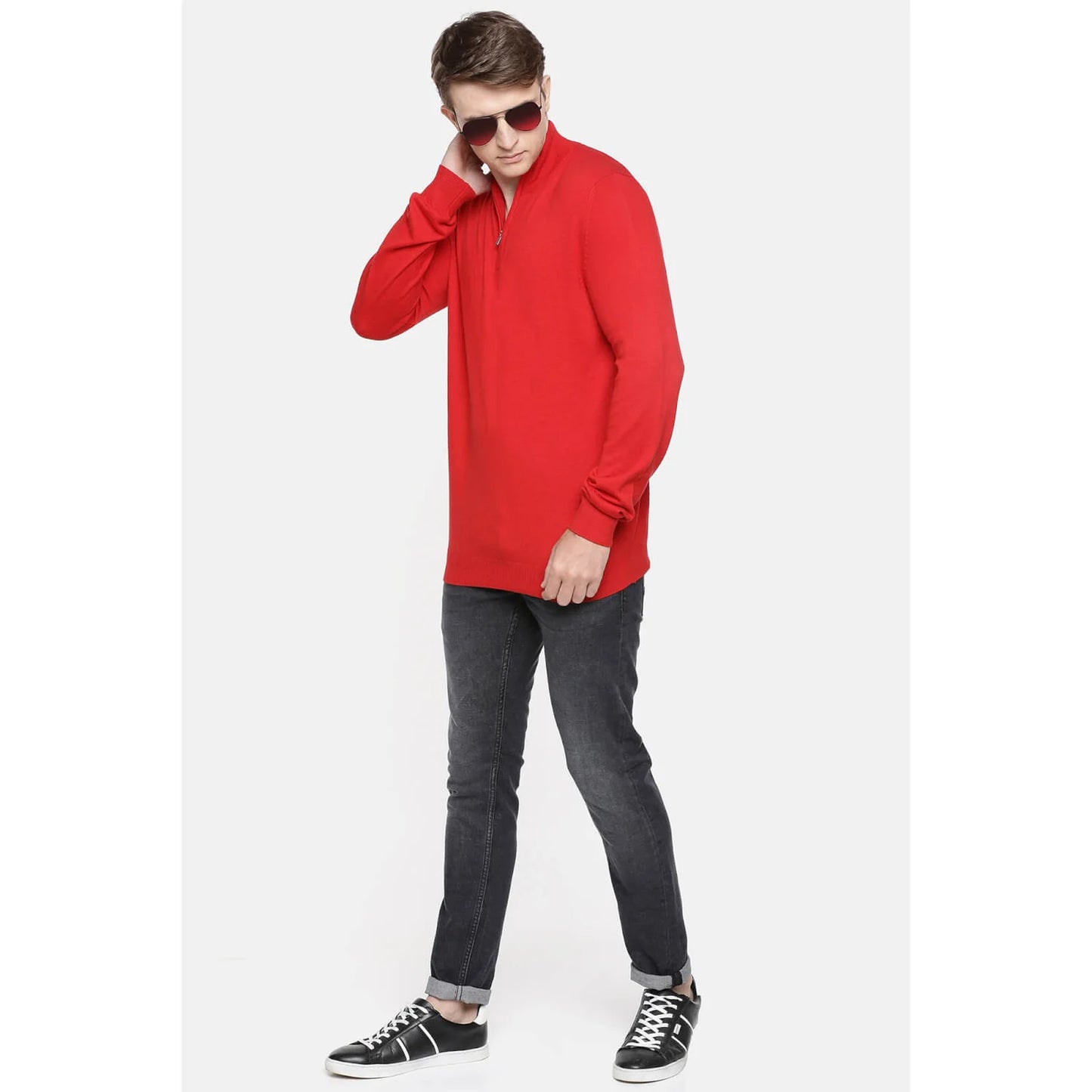 Red Solid Cotton Blend Sweater