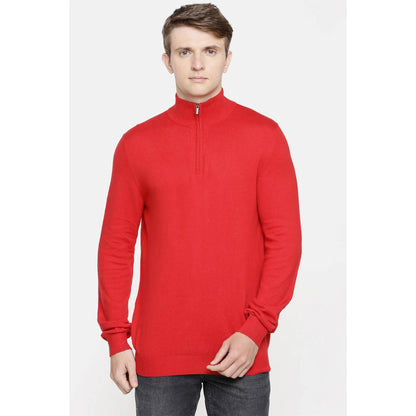 Red Solid Cotton Blend Sweater