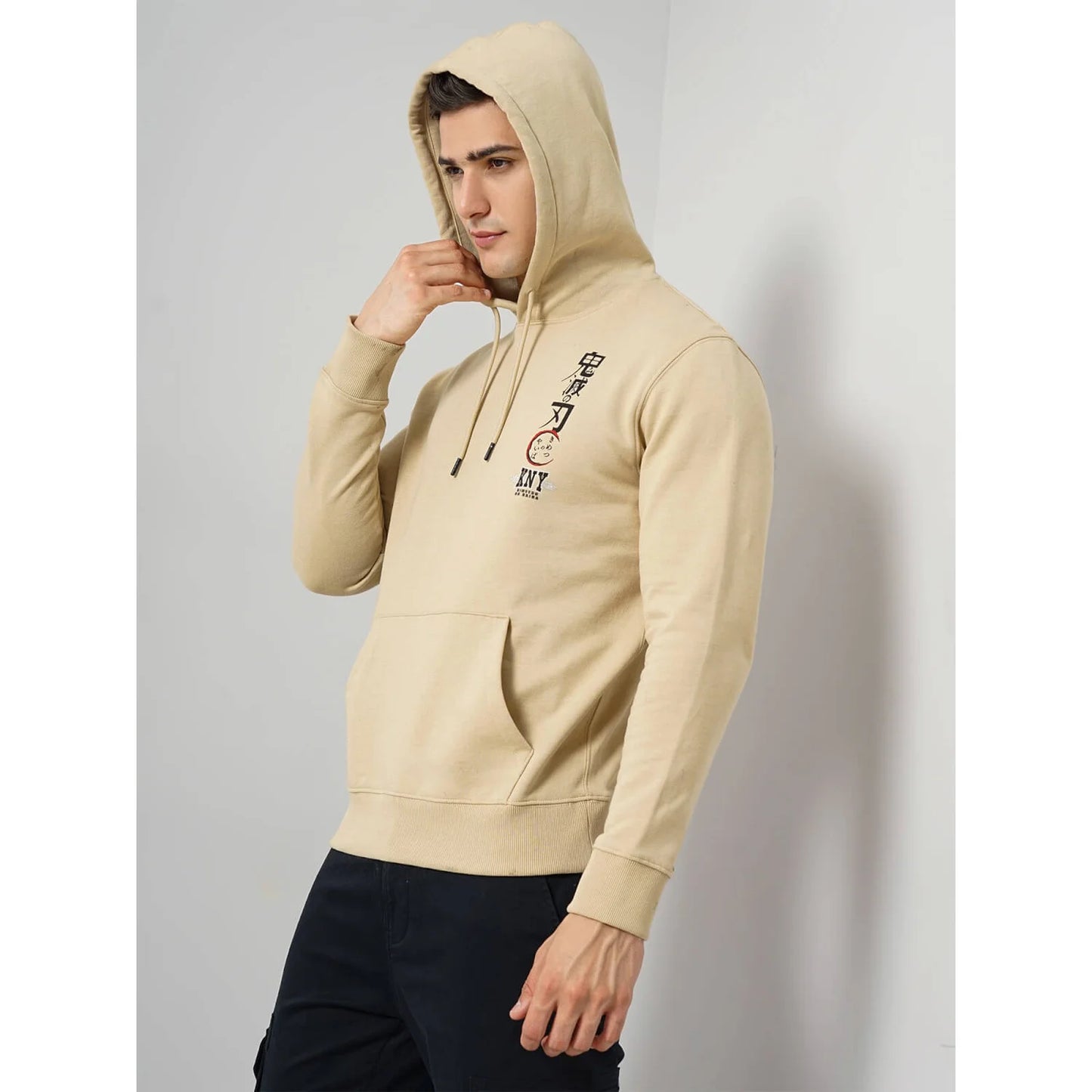 Demon Slayer - Beige Graphic Printed Cotton Hooded Sweatshirt