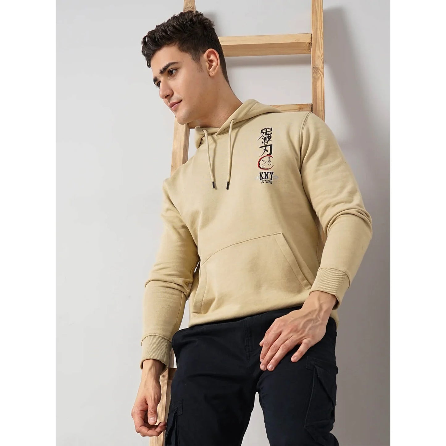 Demon Slayer - Beige Graphic Printed Cotton Hooded Sweatshirt