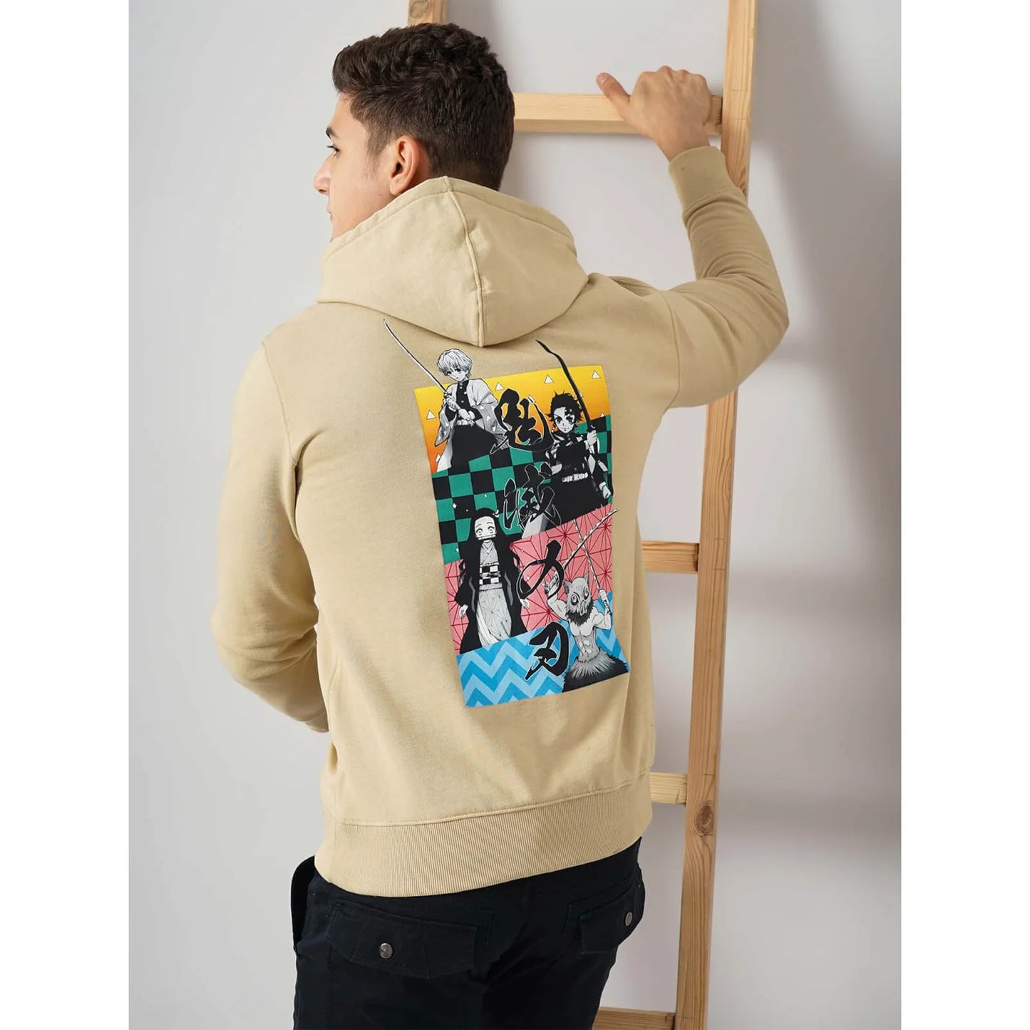 Demon Slayer - Beige Graphic Printed Cotton Hooded Sweatshirt