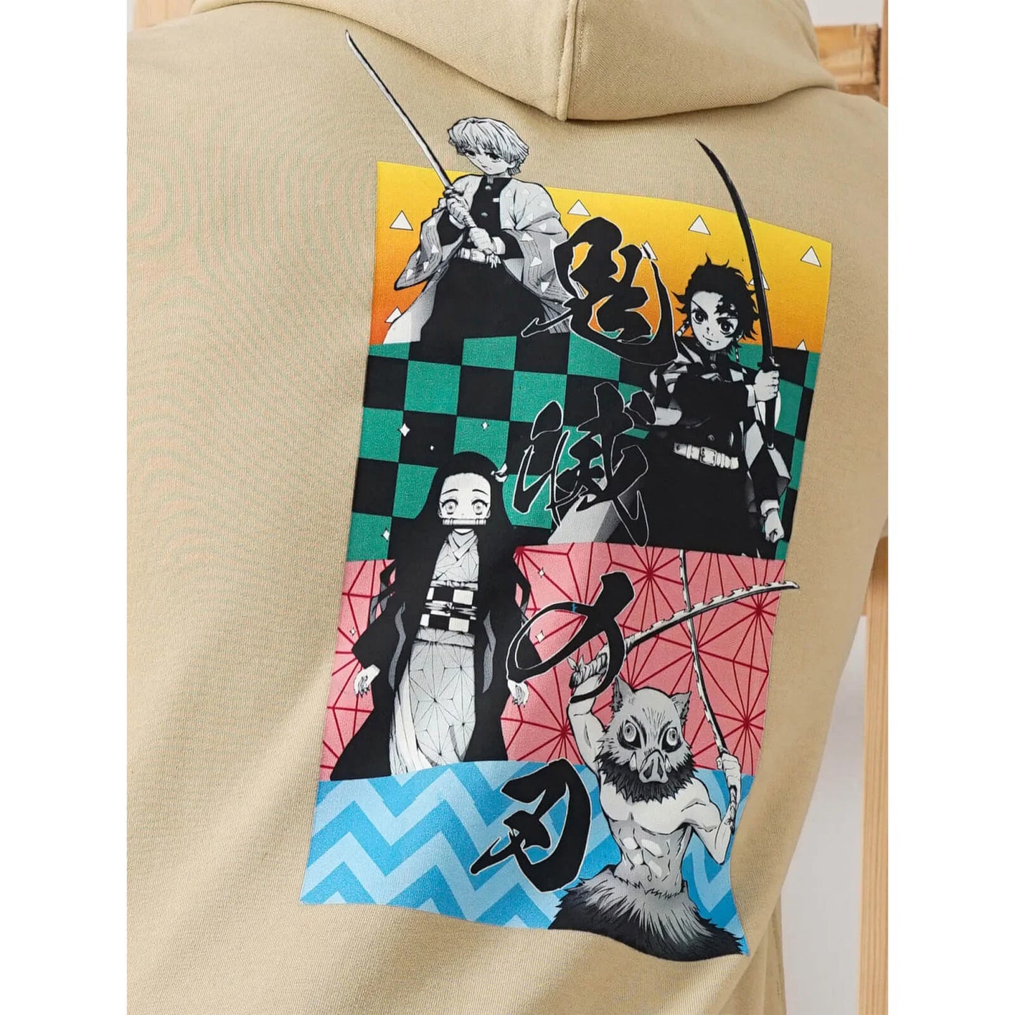 Demon Slayer - Beige Graphic Printed Cotton Hooded Sweatshirt