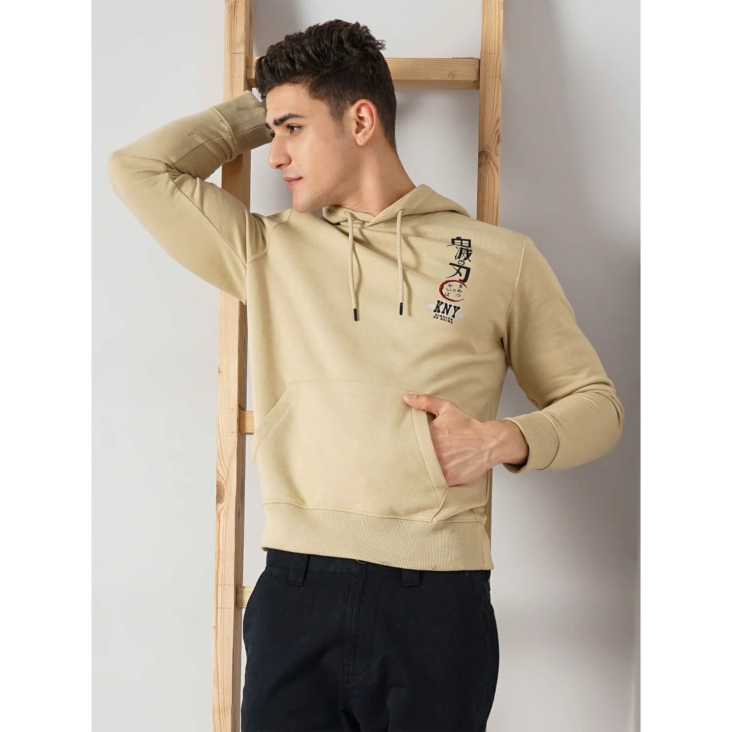 Demon Slayer - Beige Graphic Printed Cotton Hooded Sweatshirt