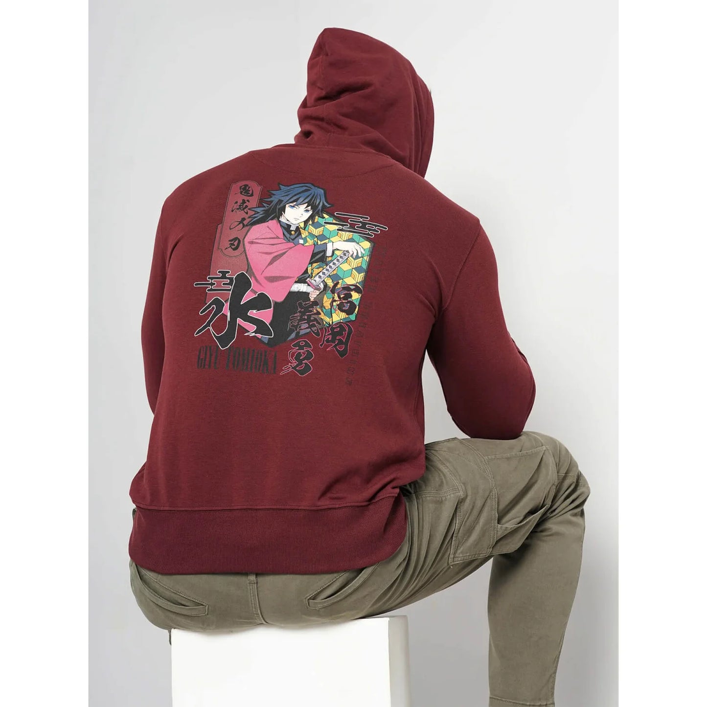 Demon Slayer - Burgundy Graphic Printed Cotton Hooded Sweatshirt