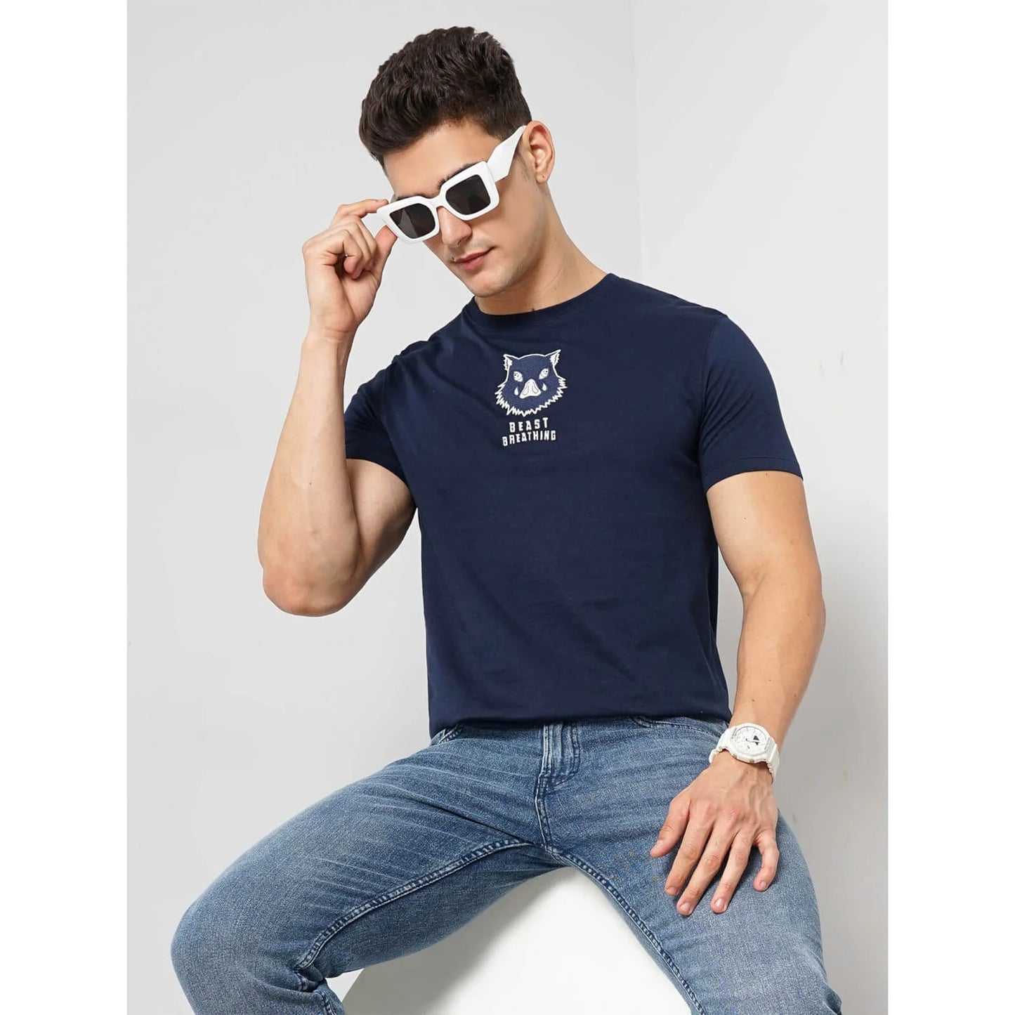 Demon Slayer - Navy Printed Cotton T-shirt