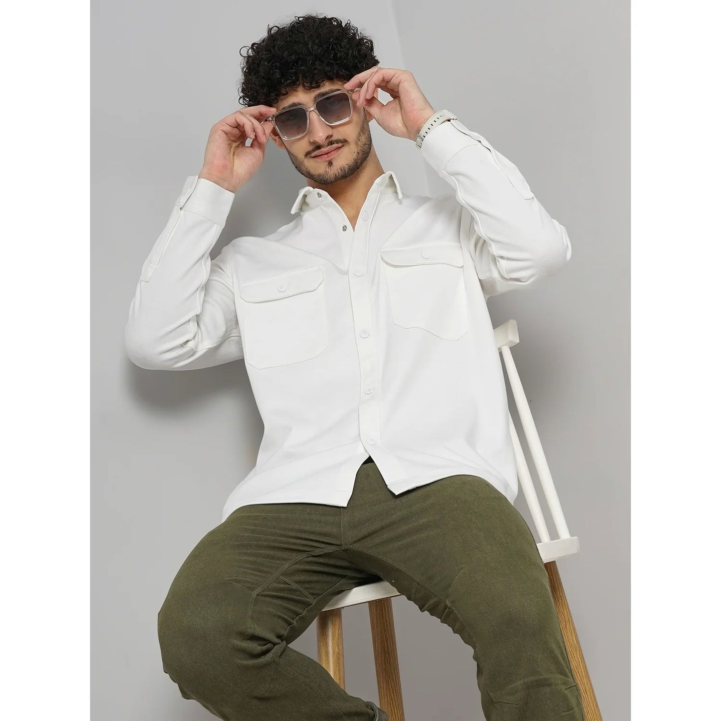 Cream Solid Poly-Blend Shirt