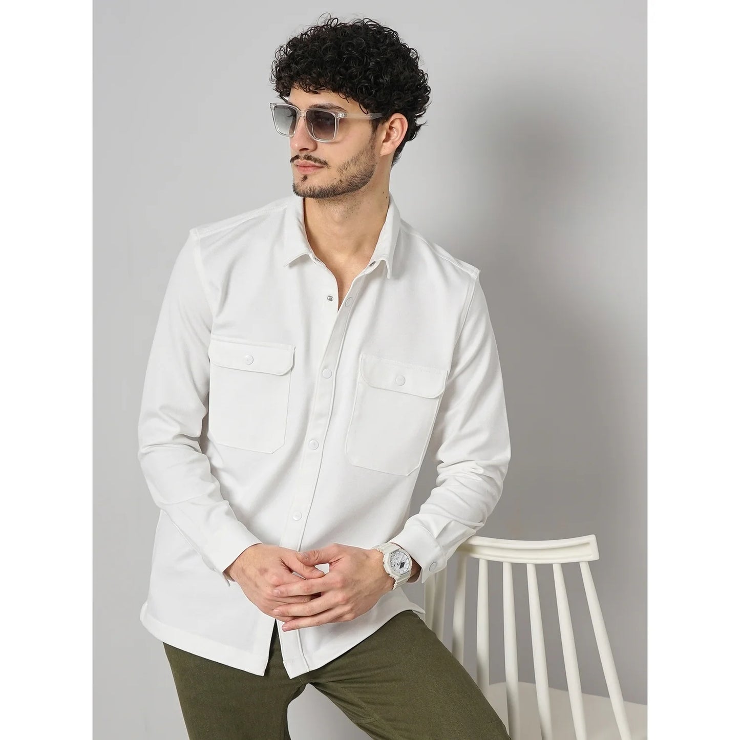 Cream Solid Poly-Blend Shirt