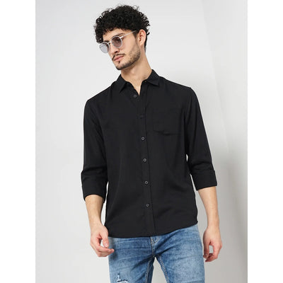 Celio* Solid Regular Fit Tencel Black Shirt