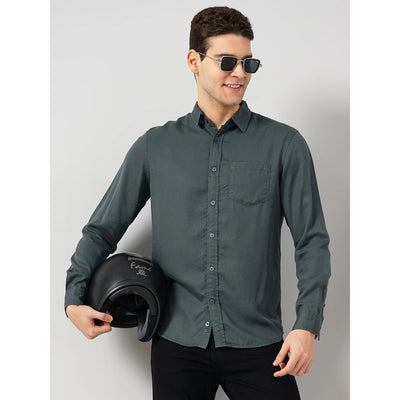 Celio* Solid Regular Fit Tencel Green Shirt