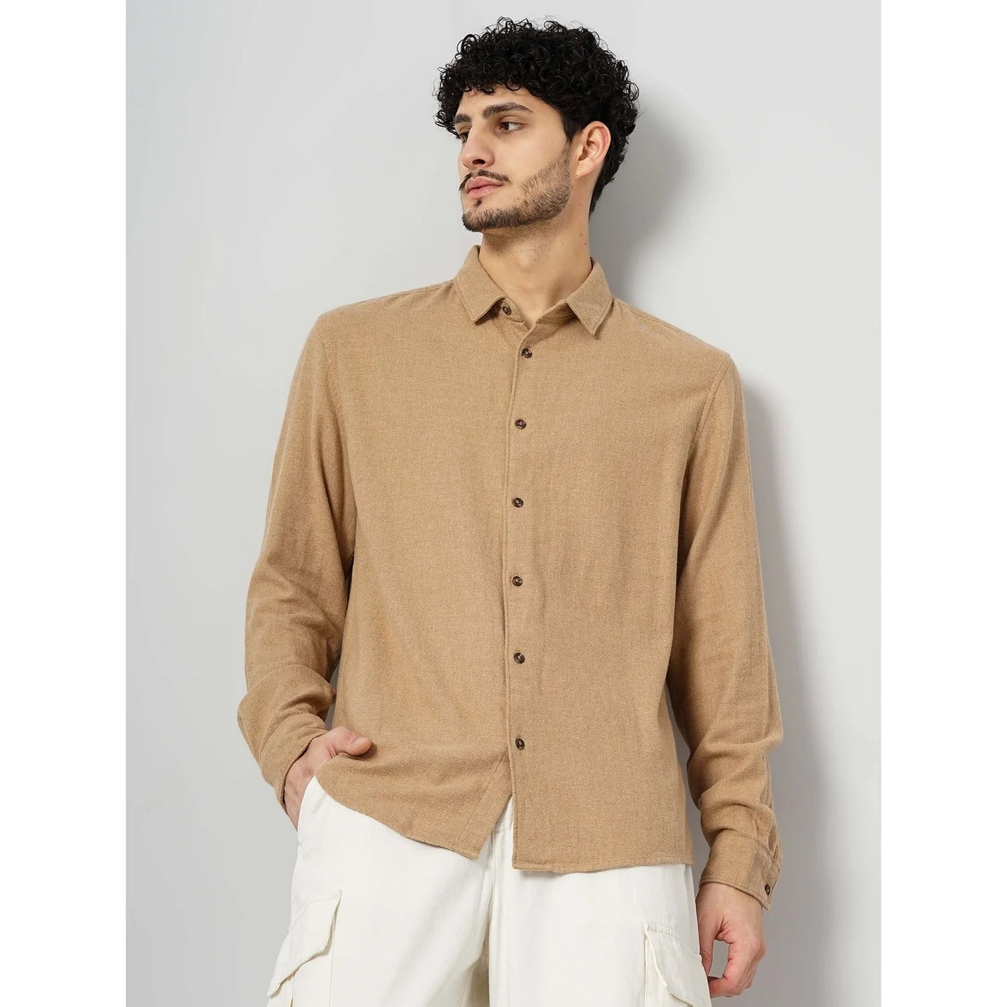 Cream Solid Cotton Shirt