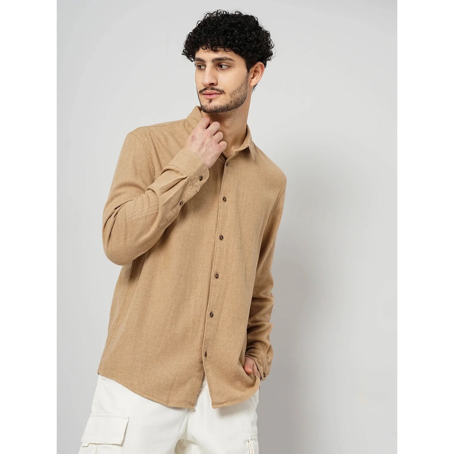 Cream Solid Cotton Shirt