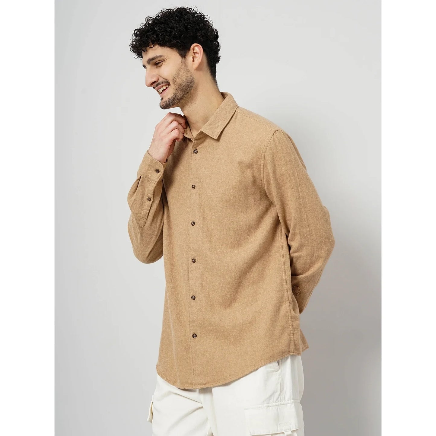 Cream Solid Cotton Shirt