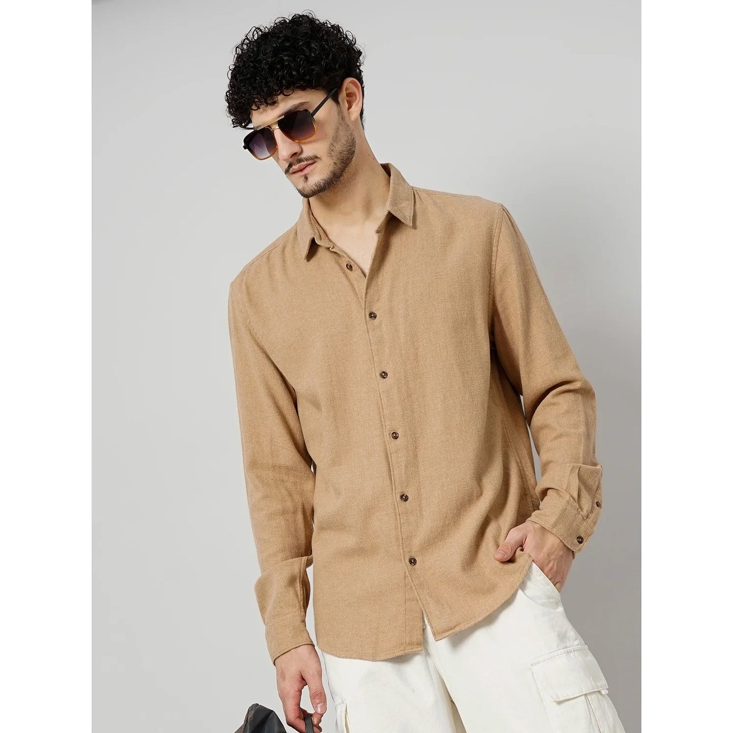 Cream Solid Cotton Shirt