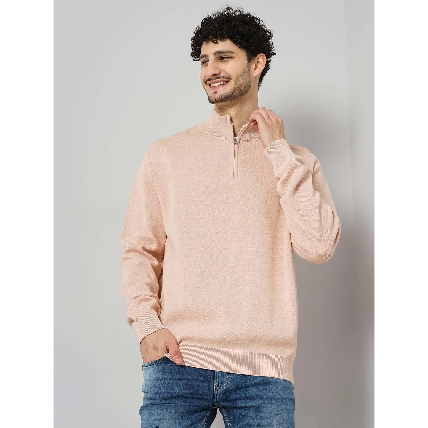 Cream Solid Cotton-Poly-Blend Sweater