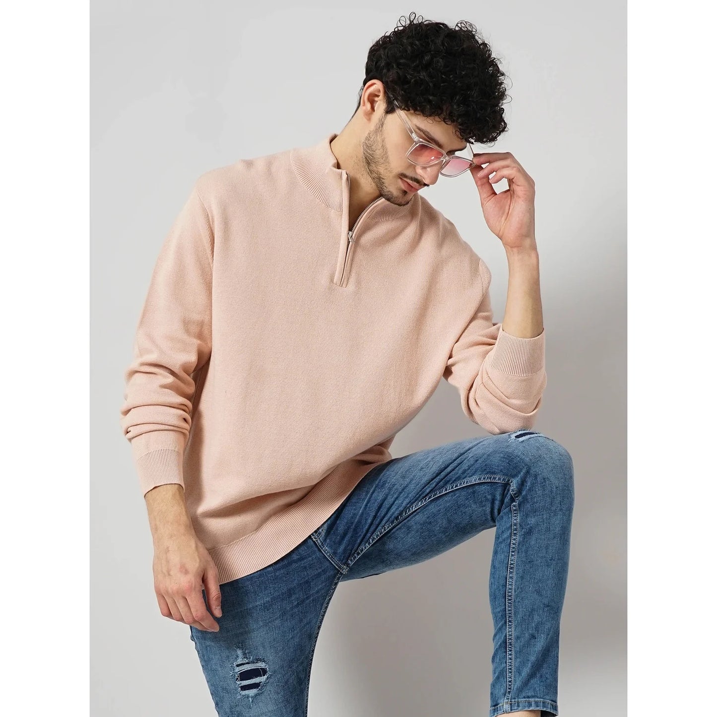 Cream Solid Cotton-Poly-Blend Sweater