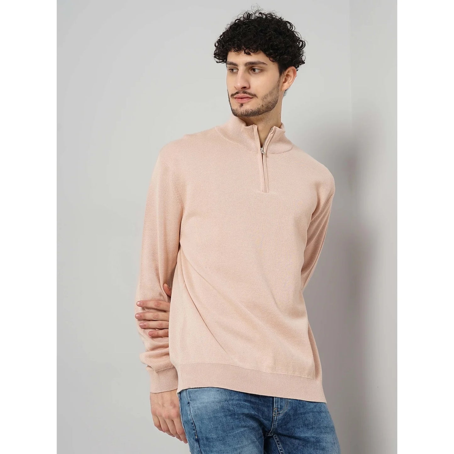 Cream Solid Cotton-Poly-Blend Sweater